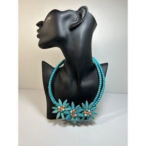 VTG Turquoise Blue Chocker Style Beaded Necklace Flowers Multi Strand Costume